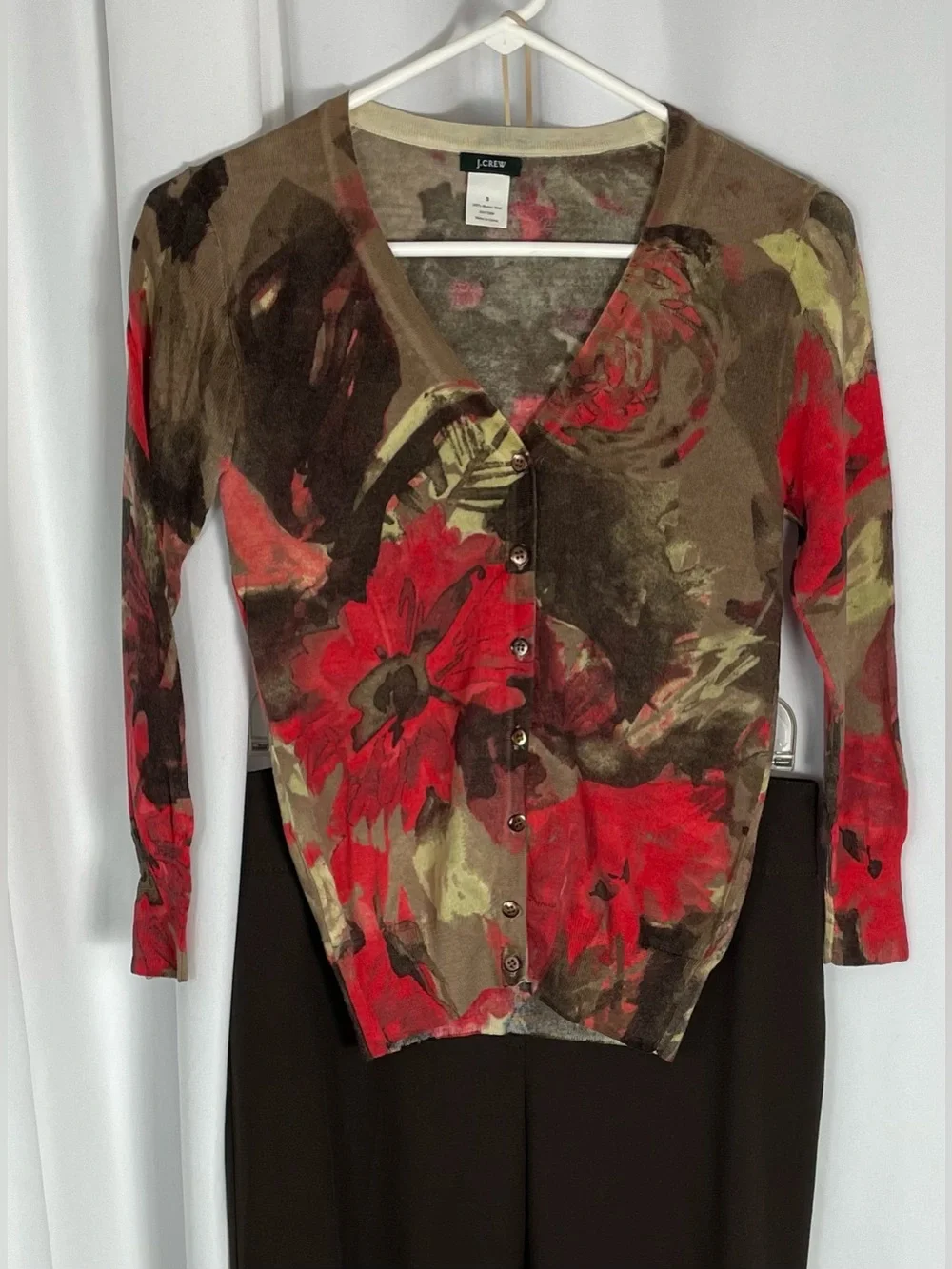 J. Crew Wool Abstract Print Cardigan in Brown, Red, and Olive